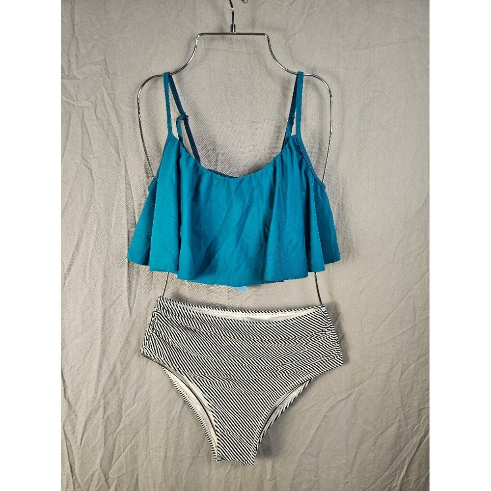 Cupshe Teal Flounce Ruffle Bikini Top & Striped High Waist Bottom Set Small NEW